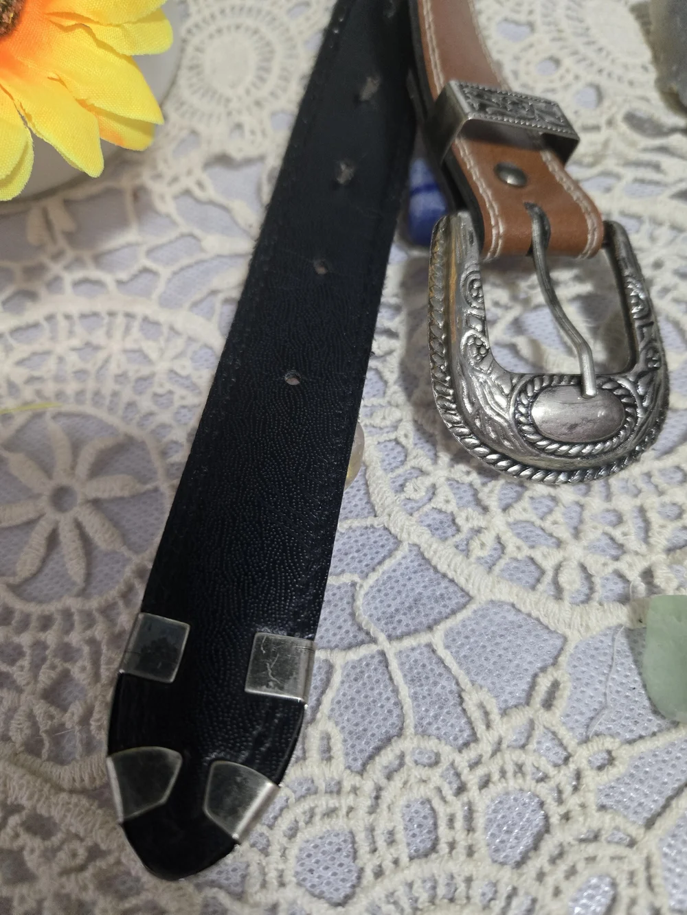 4/$15 Coastal Cowgirl Western-Style Brown Black Leather Belt, Deco Silver Buckle